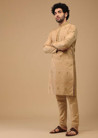 Beige Handwoven Raw Silk Motif Embroidered Kurta Set