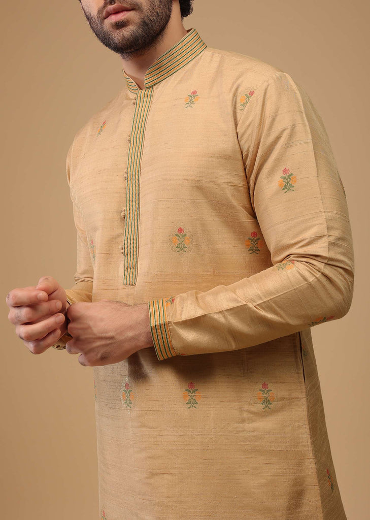 Beige Handwoven Raw Silk Motif Embroidered Kurta Set