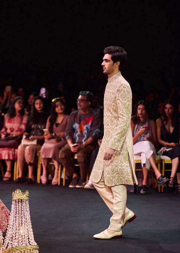 Beige High Collar Silk Sherwani And Kurta Set