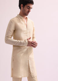 Beige High Collar Silk Sherwani And Kurta Set