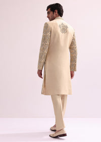 Beige High Collar Silk Sherwani And Kurta Set