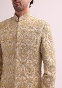 Beige High Collar Silk Sherwani And Kurta Set