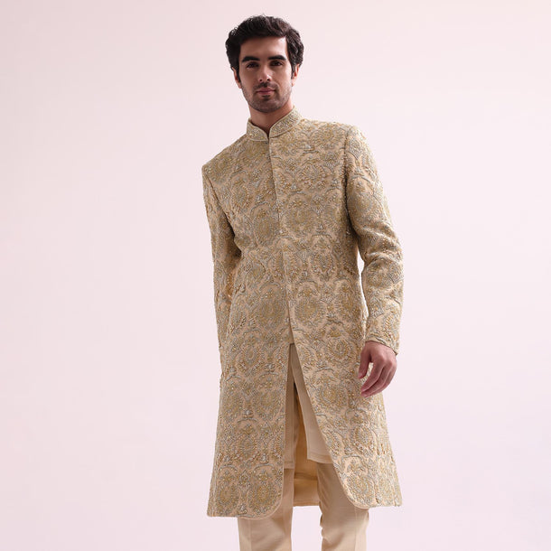 Beige High Collar Silk Sherwani And Kurta Set