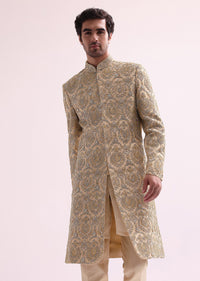 Beige High Collar Silk Sherwani And Kurta Set