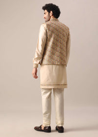 Beige Jacket And Kurta Set In Silk With Printed Motifs