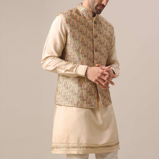 Beige Jacket And Kurta Set In Silk With Printed Motifs