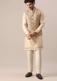 Beige Jacket And Kurta Set In Silk With Printed Motifs