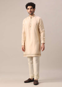 Beige Jacket And Kurta Set In Silk With Printed Motifs