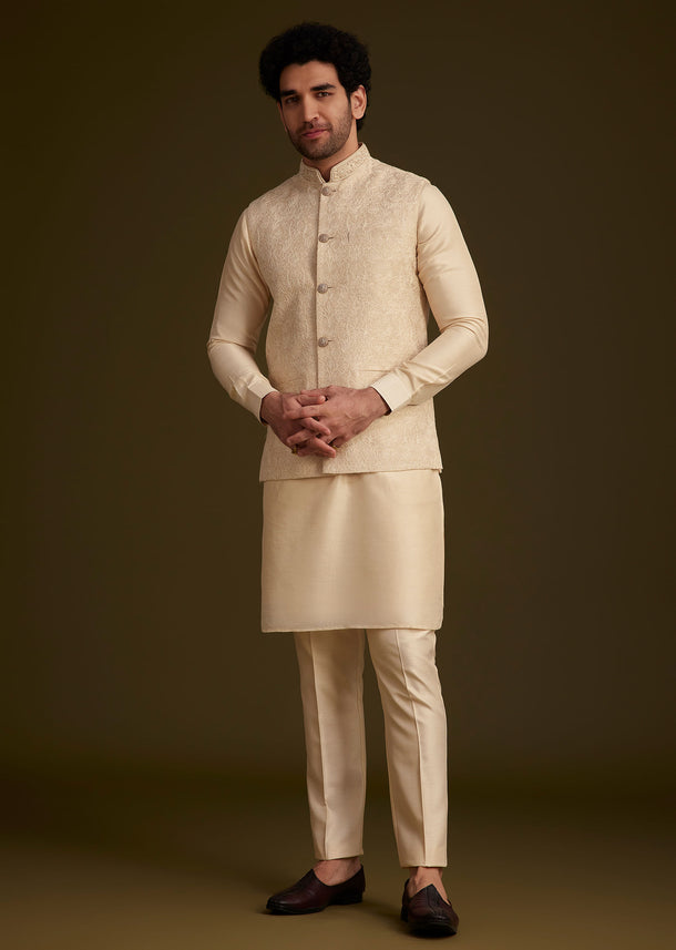 Beige Jacquard Nehru Jacket Set