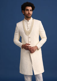 Beige Jacquard Sherwani And Kurta Set