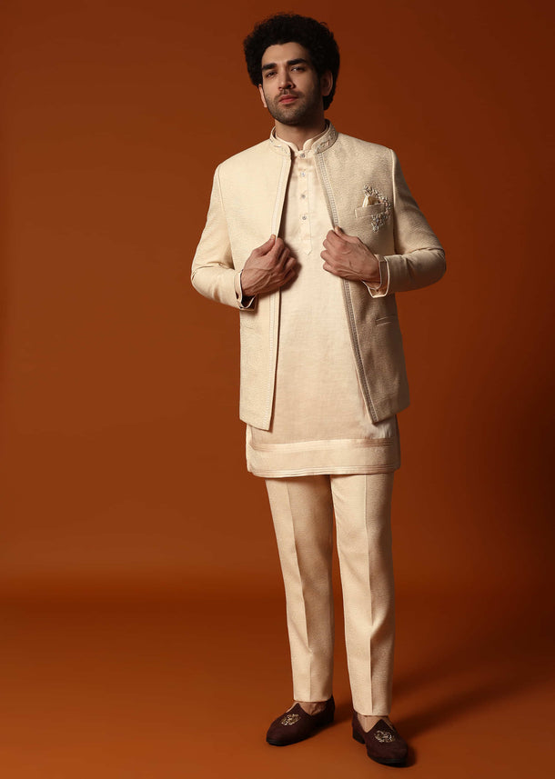 Beige Jodhpuri Set In Resham Work For Men