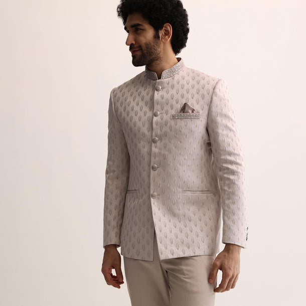 Beige Jodhpuri Suit With Self Work Embroidery For Men
