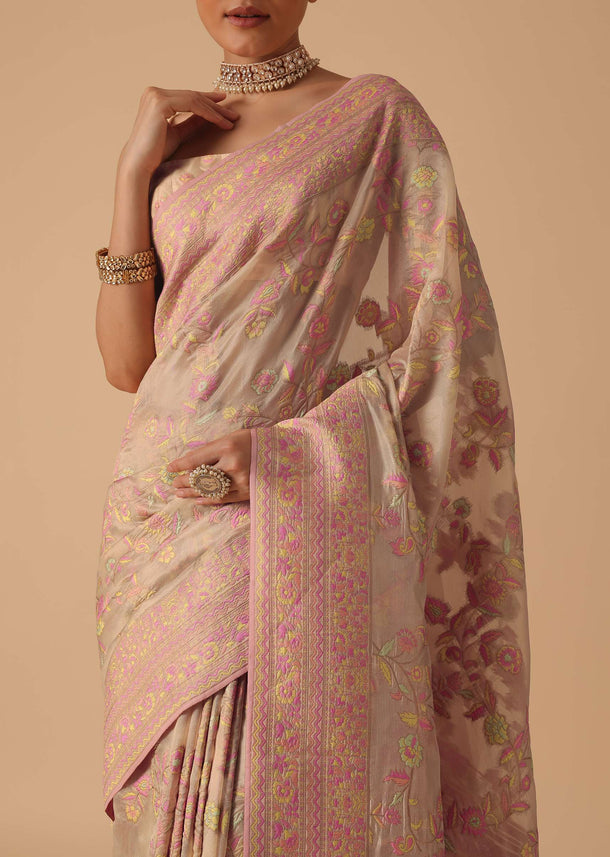 Beige Kashmiri Saree With Thread Detail And Unstitched Blouse Piece