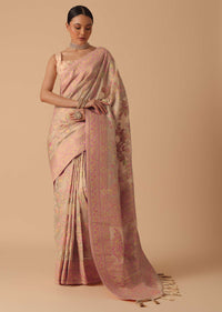 Beige Kashmiri Saree With Thread Detail And Unstitched Blouse Piece