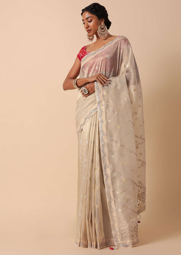 Beige Kora Silk Saree With Gota Patti Embroidery