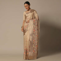 Beige Kora Silk Saree With Multi Color Thread Work