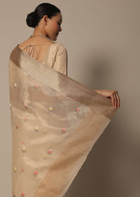 Beige Kora Silk Saree With Multi Color Thread Work