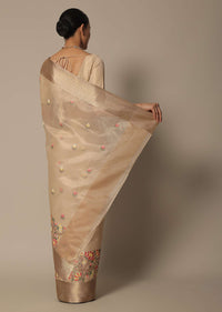 Beige Kora Silk Saree With Multi Color Thread Work