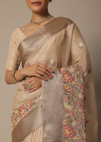 Beige Kora Silk Saree With Multi Color Thread Work