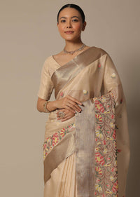 Beige Kora Silk Saree With Multi Color Thread Work