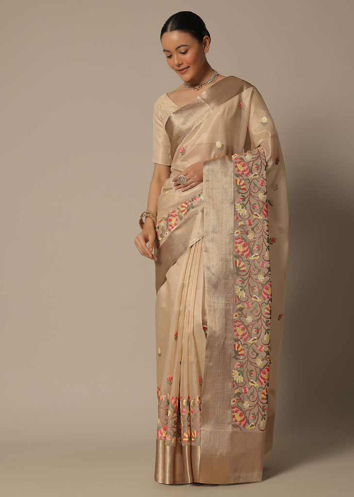 Beige Kora Silk Saree With Multi Color Thread Work