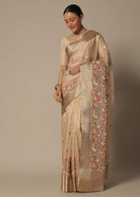 Beige Kora Silk Saree With Multi Color Thread Work