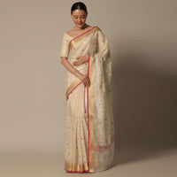 Beige Saree With Multi-Color Thread Work In Kora Silk