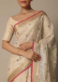 Beige Saree With Multi-Color Thread Work In Kora Silk