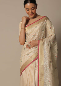 Beige Saree With Multi-Color Thread Work In Kora Silk