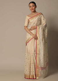 Beige Saree With Multi-Color Thread Work In Kora Silk