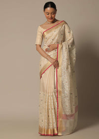 Beige Saree With Multi-Color Thread Work In Kora Silk