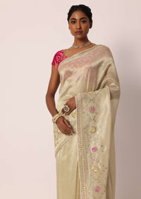 Beige Kora Silk Tissue Saree With Gota Patti Buttis And Unstitched Blouse Piece