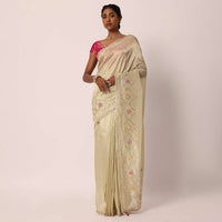 Beige Kora Silk Tissue Saree With Gota Patti Buttis And Unstitched Blouse Piece