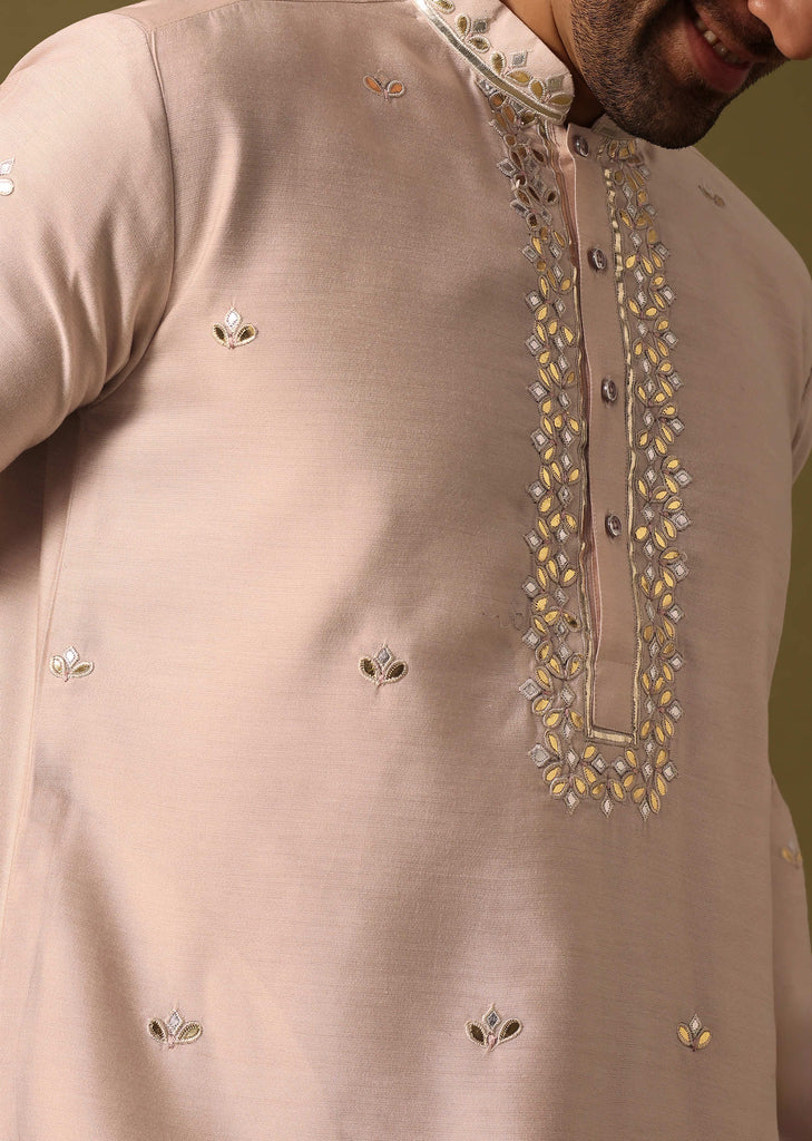 Beige Kurta Pant Set With Abla Work For Men