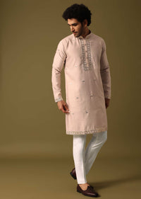 Beige Kurta Pant Set With Abla Work For Men