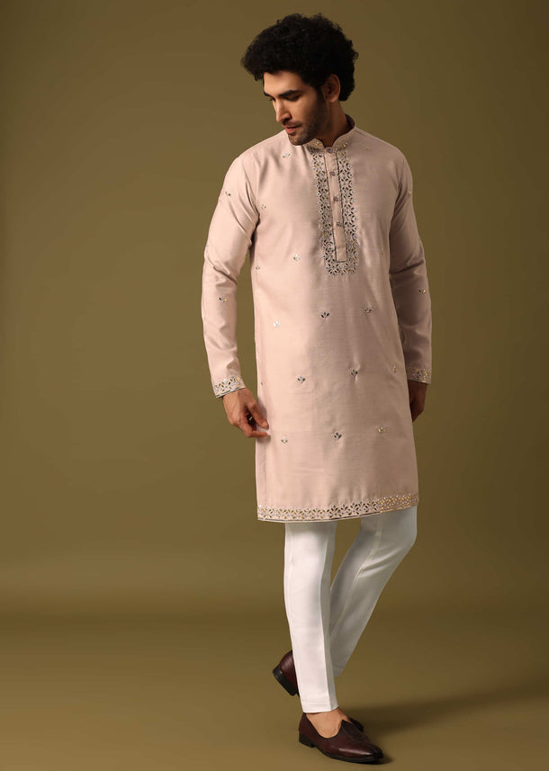 Beige Kurta Pant Set With Abla Work For Men