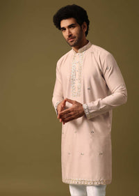 Beige Kurta Pant Set With Abla Work For Men