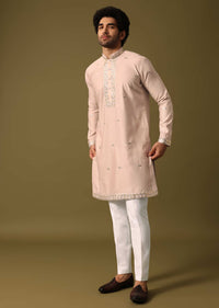 Beige Kurta Pant Set With Abla Work For Men