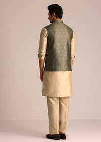 Beige Kurta Pant Set With Green Embroidered Jacket