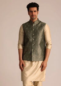 Beige Kurta Pant Set With Green Embroidered Jacket