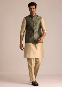 Beige Kurta Pant Set With Green Embroidered Jacket