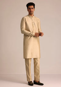 Beige Kurta Pant Set With Green Embroidered Jacket
