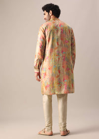 Beige Kurta Set In Silk With Floral Prints