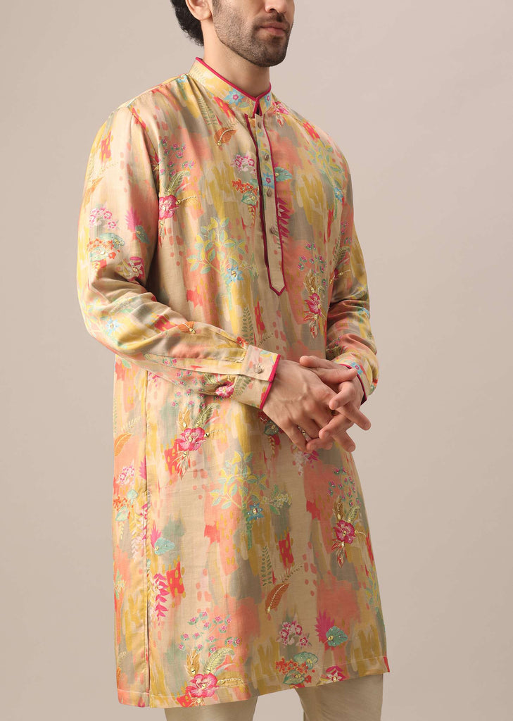 Beige Kurta Set In Silk With Floral Prints