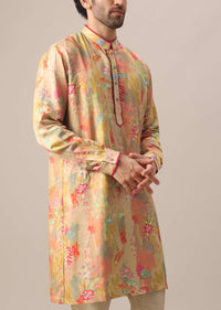 Beige Kurta Set In Silk With Floral Prints