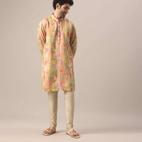 Beige Kurta Set In Silk With Floral Prints