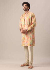 Beige Kurta Set In Silk With Floral Prints