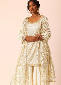 Beige Kurta Sharara Set With Foil Mirror Work