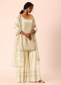 Beige Kurta Sharara Set With Foil Mirror Work