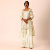 Beige Kurta Sharara Set With Foil Mirror Work